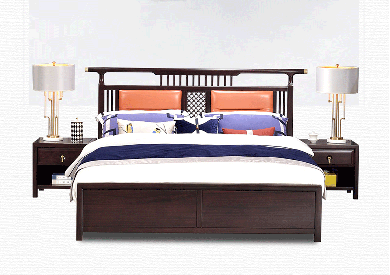 新中式TX888实木床1.8米 双人床 真皮床 婚床 檀木家具现代中式实木床轻奢床实木家具檀木床 