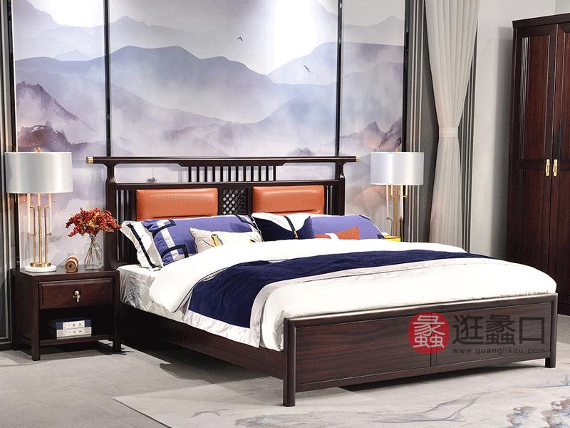 雅沐家具新中式卧室床新中式TX888实木床1.8米 双人床 真皮床 婚床 檀木家具