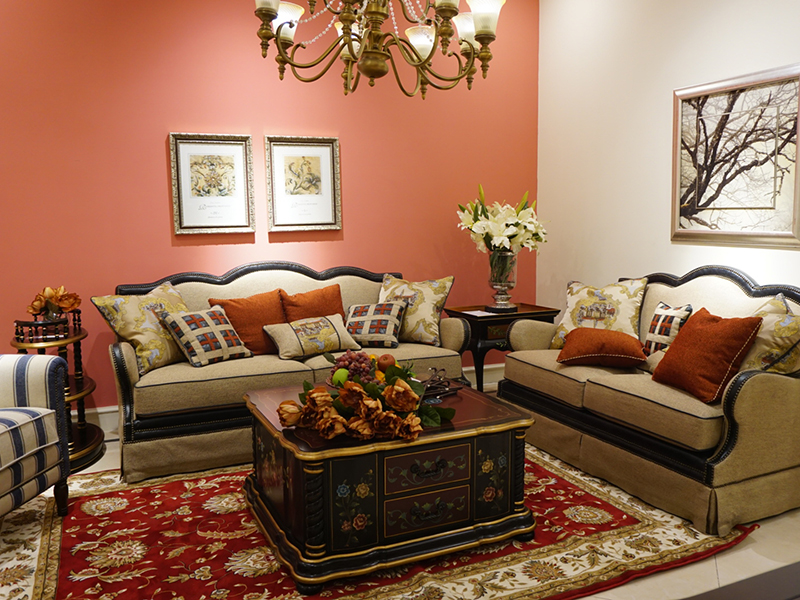 爵典家居·融峰国际家居美式客厅桃花芯木布艺实木波士顿沙发组合F708-2