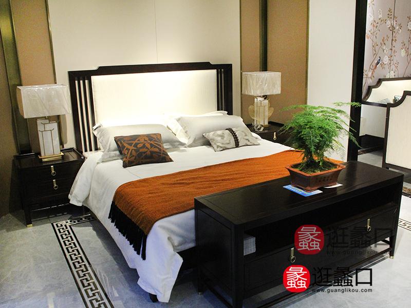 林氏家具新中式卧室实木框架布艺软靠双人床/床头柜​/电视柜
