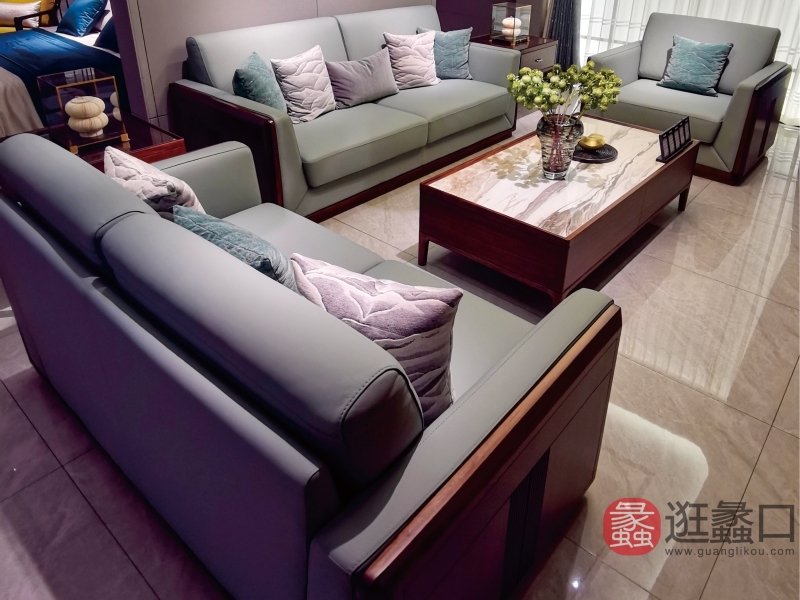 君诺家居·一品海棠·己玉家具黑檀木皮质现代客厅沙发YP212