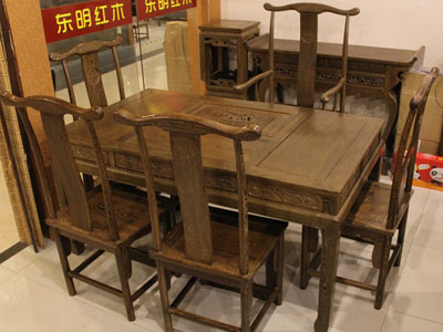 东明红木家具中式古典餐厅餐桌椅茶台+官帽椅（5把）鸡翅木 红木家具