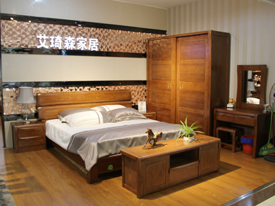 艾琦森家具新中式卧室床榆木纯实木床+2床头柜